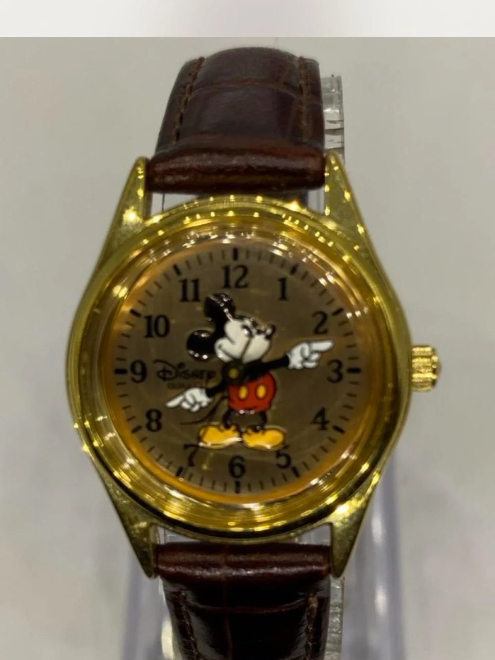 ^^^ Disney ***3d Mickey Mouse Gold Tone Watch” Tan Brown Leather Strap  ***